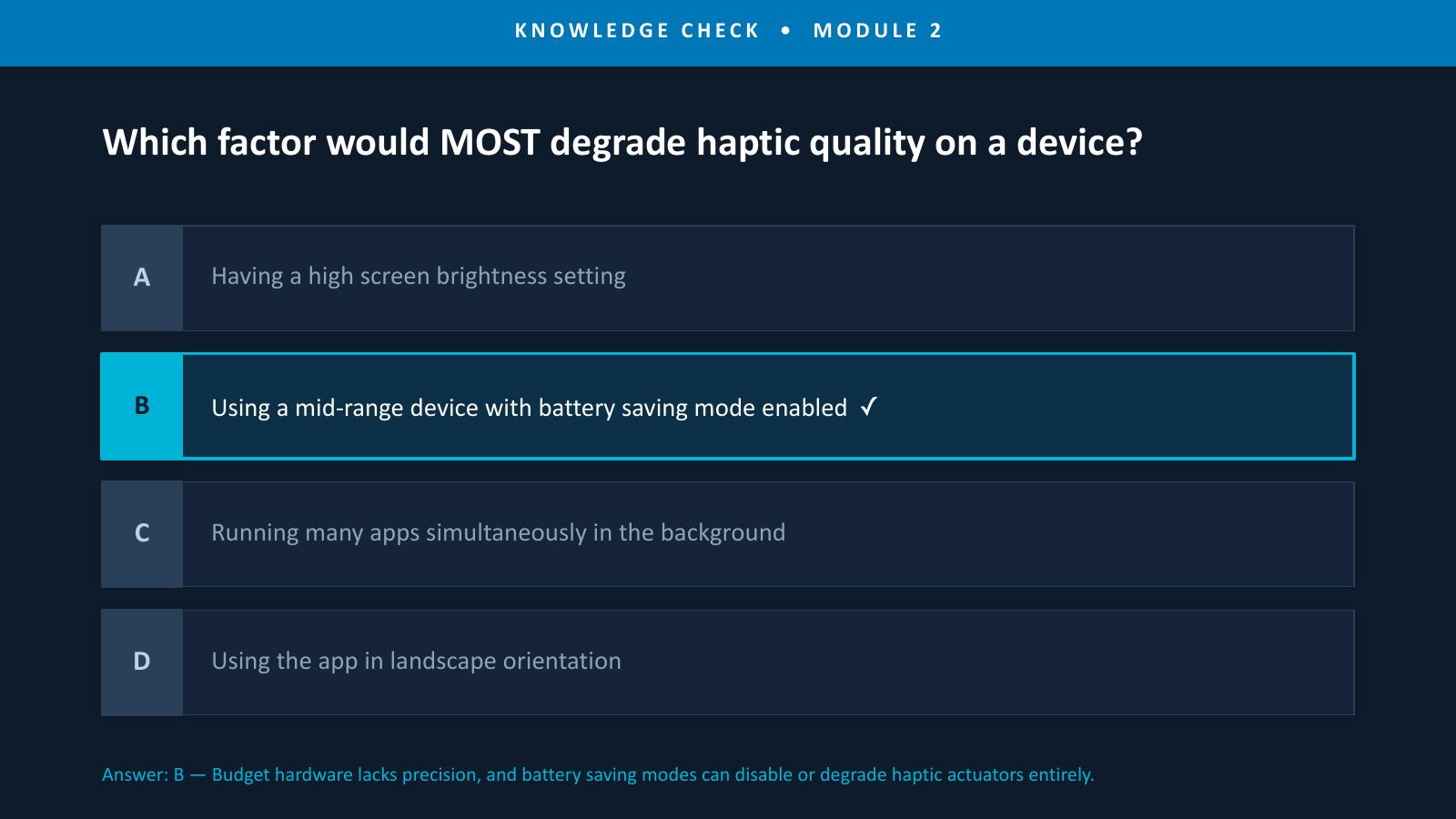 Multiple-choice knowledge check about factors that affect haptic quality