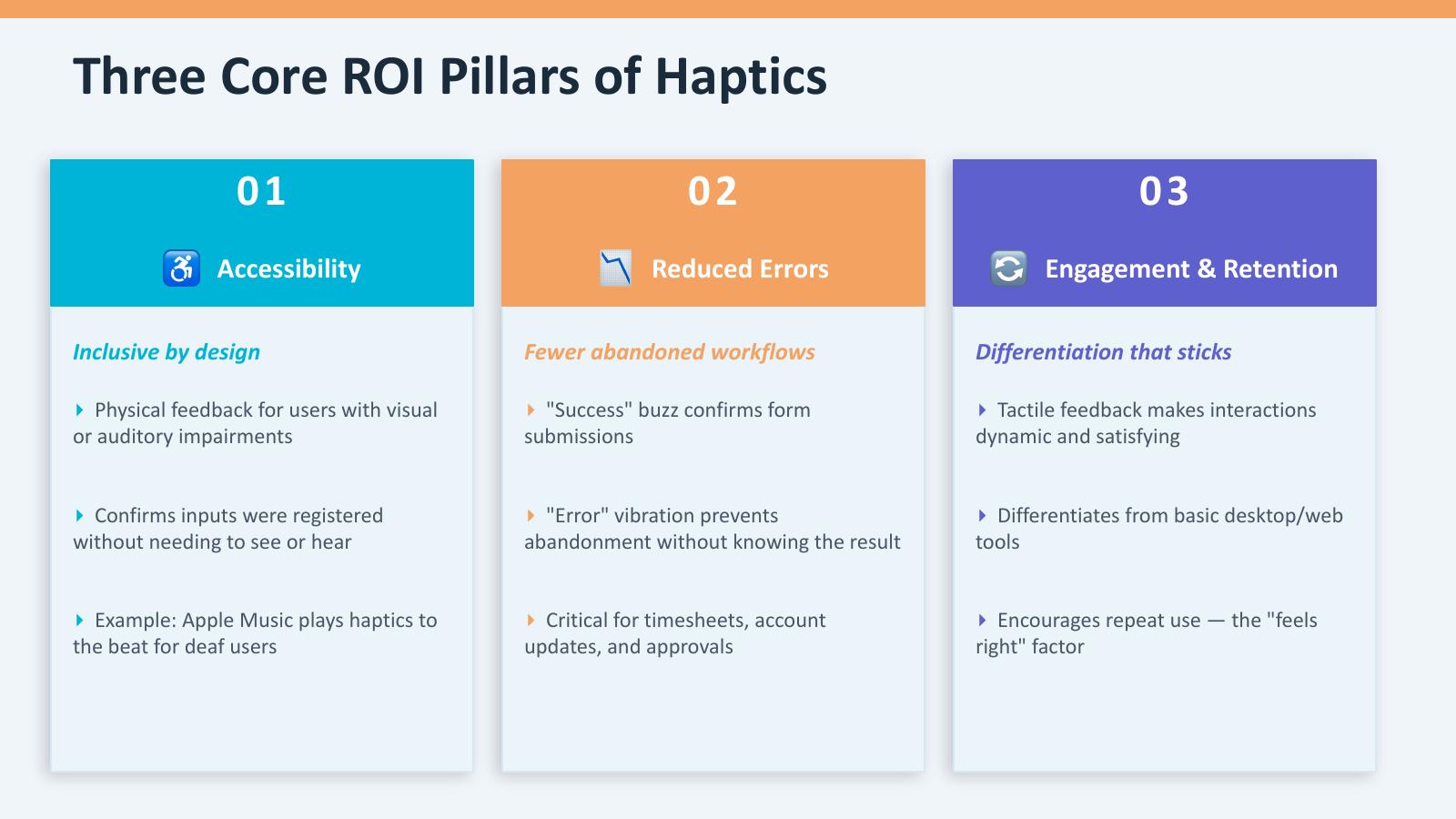 Three business-value pillars for haptics: accessibility, reduced errors, and engagement