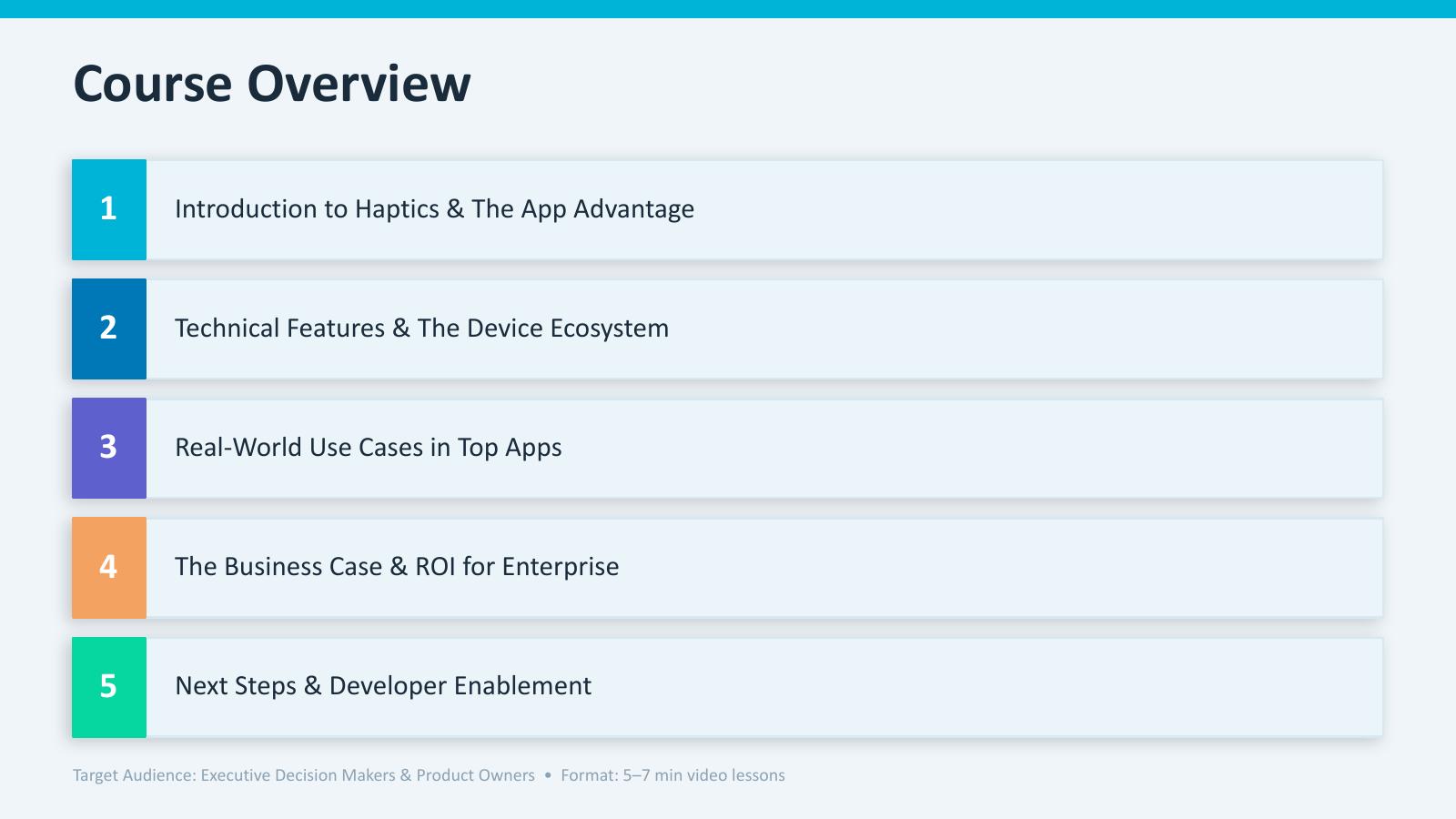 Course overview showing five modules about haptics and app experiences