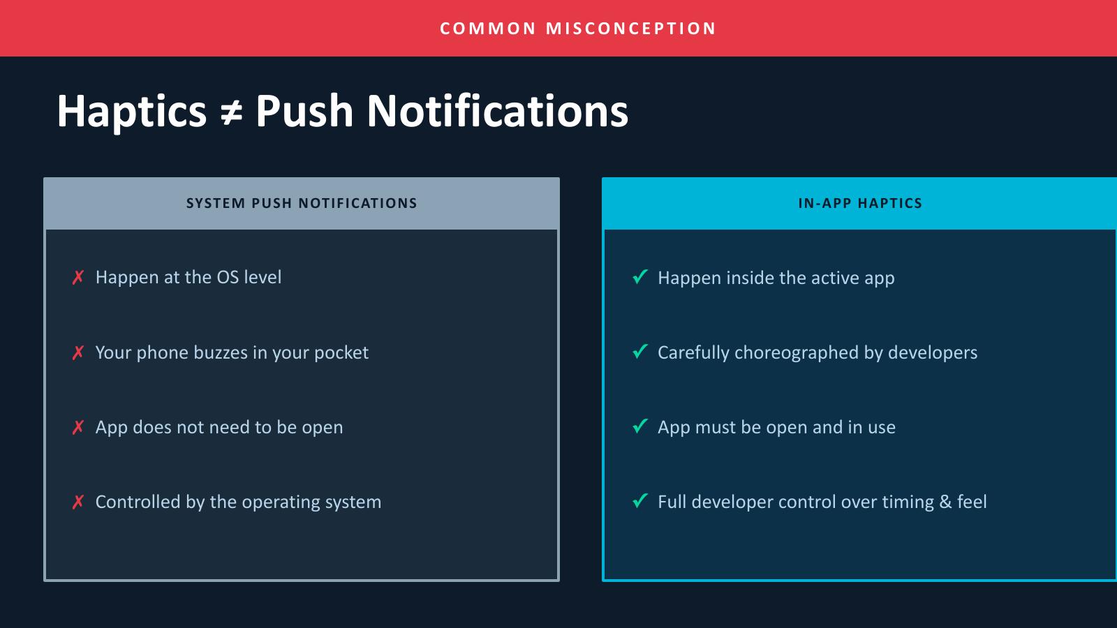 Comparison explaining the difference between haptics and push notifications